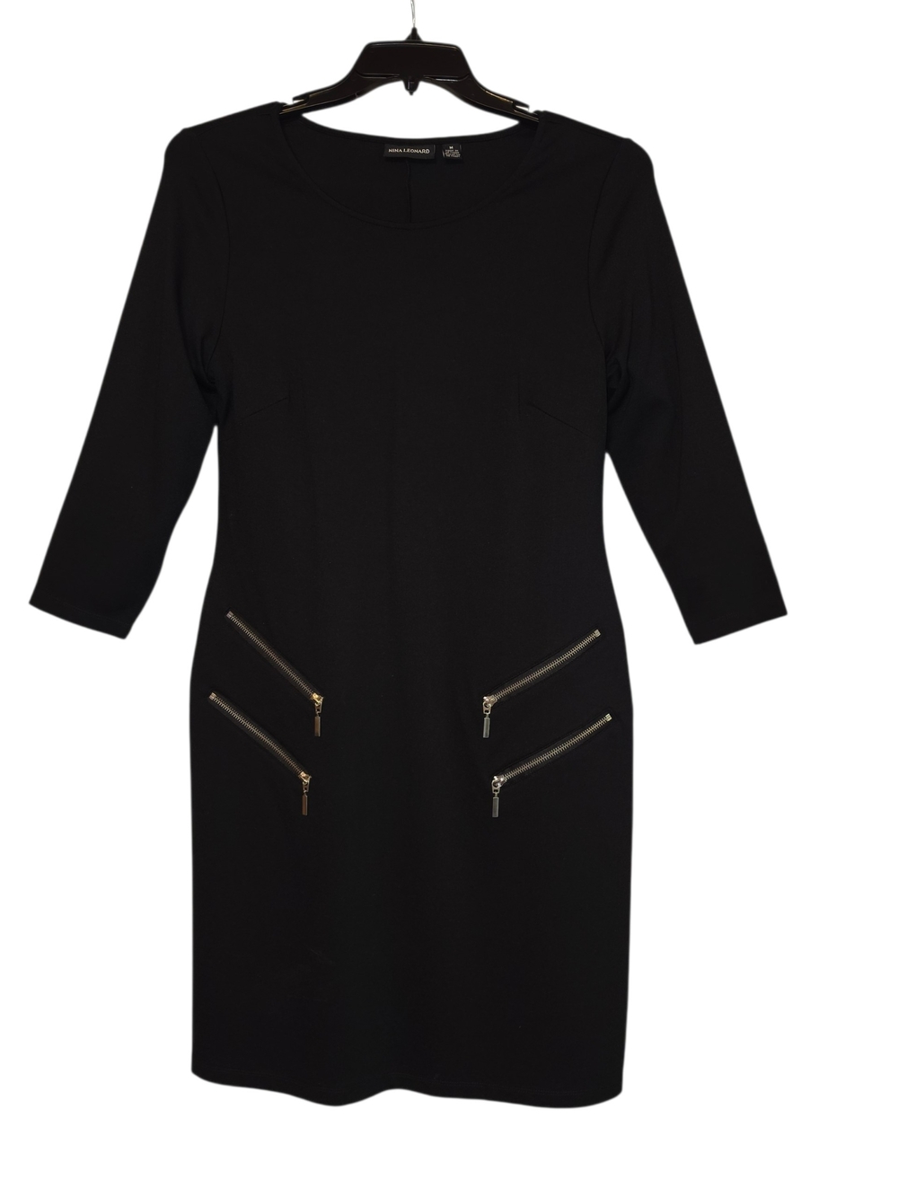 Nina Leonard Black 3/4 Sleeve Shift Dress w/Silver Zippers Medium Work Cocktail